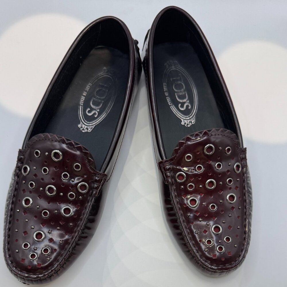 Tod's Burgundy Patent Leather Laser Cut Loafers size 35.5